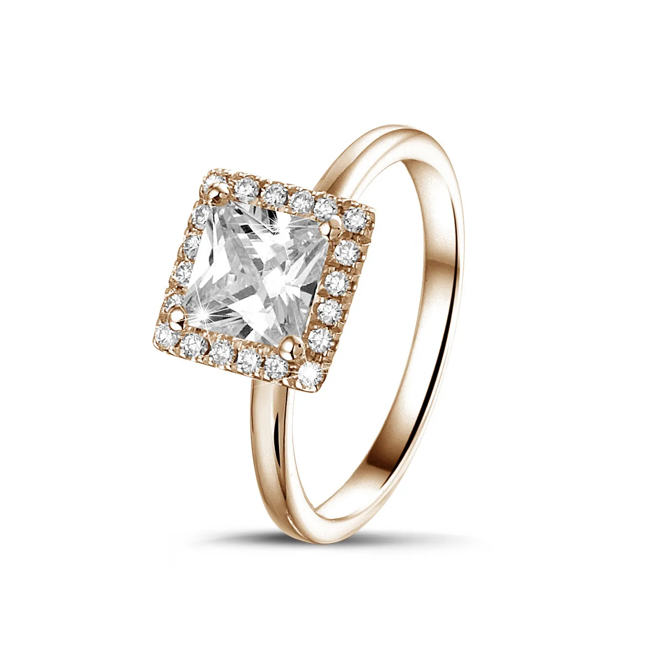 0.70 quilates halo anillo solitario diamante princesa en oro rojo con diamantes redondos 