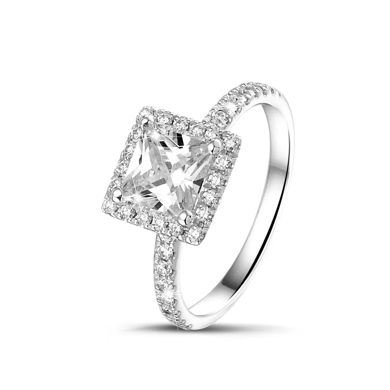 1.00 quilateshalo anillo solitario diamante princesa en oro blanco con diamantes redondos 
