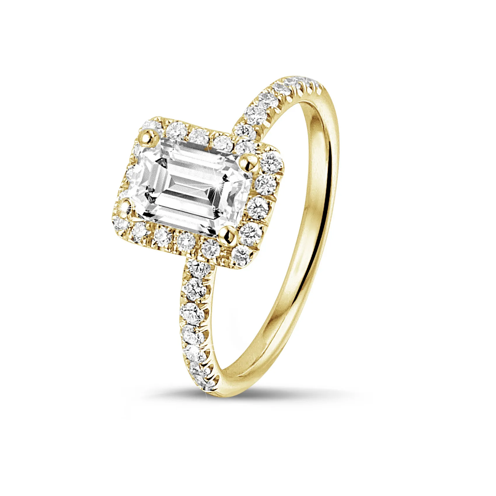 1.50 quilates halo anillo solitario con diamante talla esmeralda en oro amarillo con diamantes redondos 