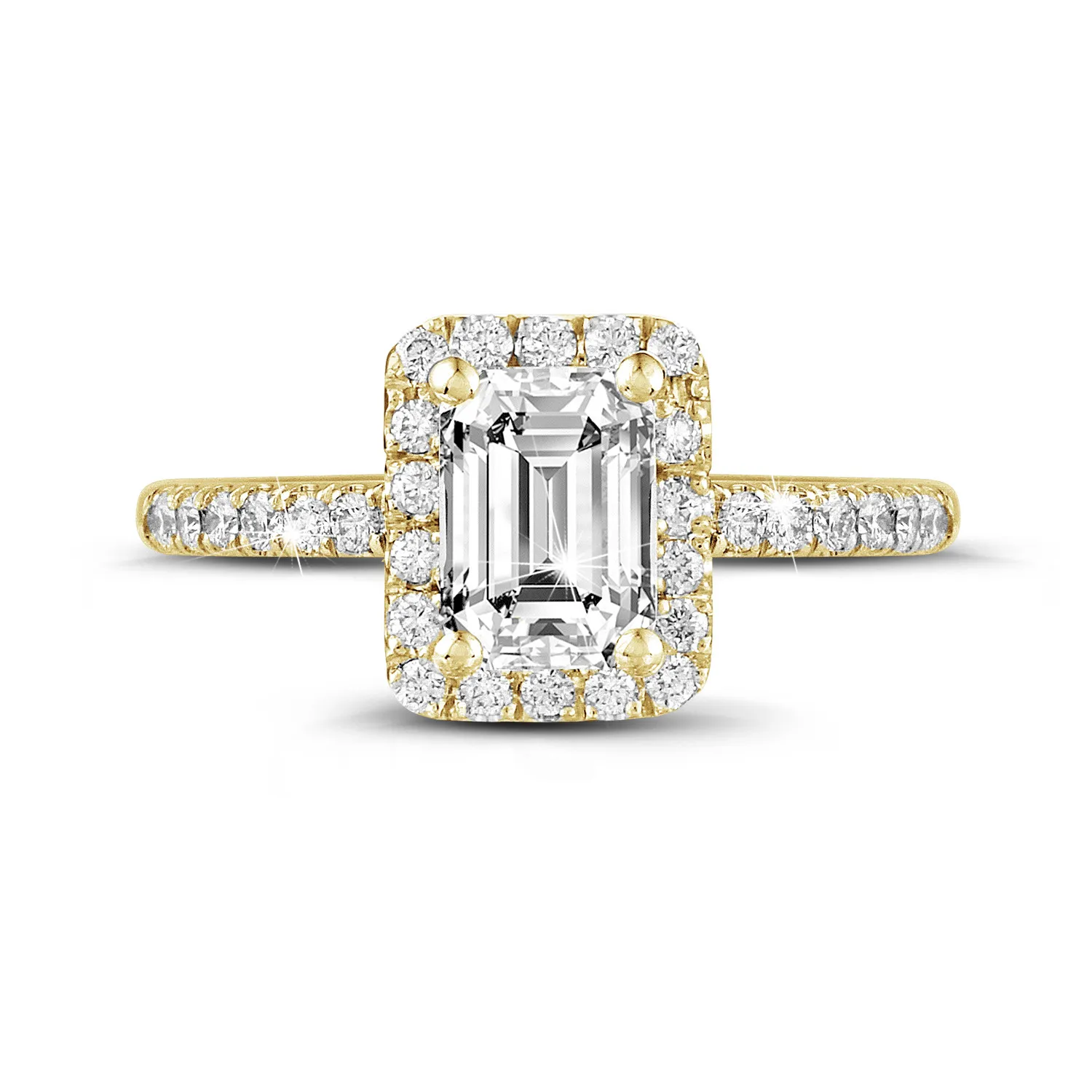 1.50 quilates halo anillo solitario con diamante talla esmeralda en oro amarillo con diamantes redondos 
