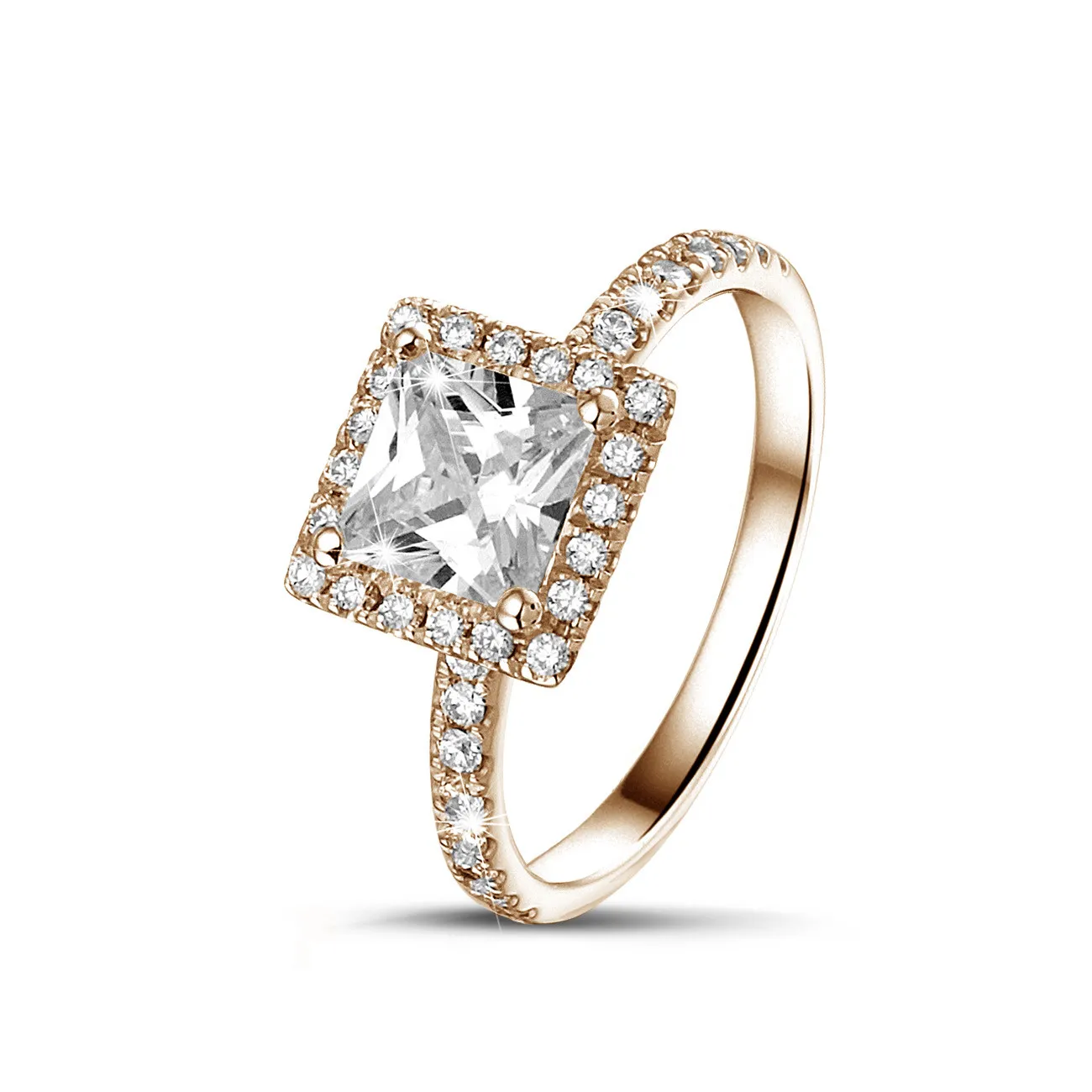 1.50 quilateshalo anillo solitario diamante princesa en oro rojo con diamantes redondos 