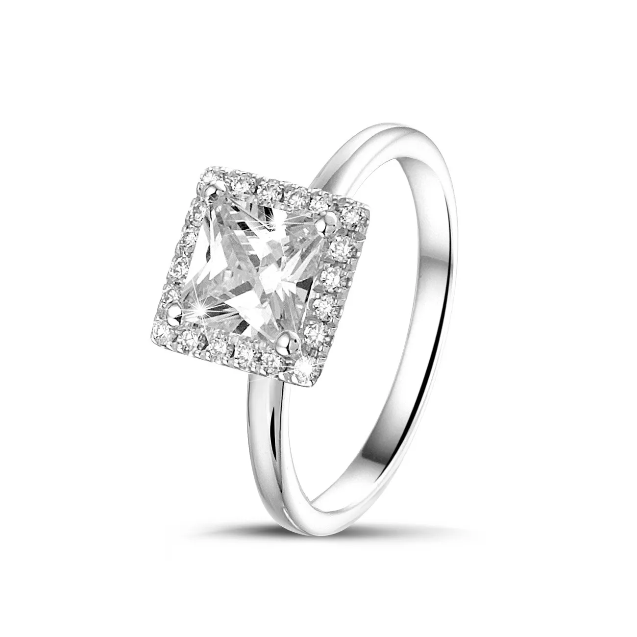 2.00 quilateshalo anillo solitario diamante princesa en oro blanco con diamantes redondos 