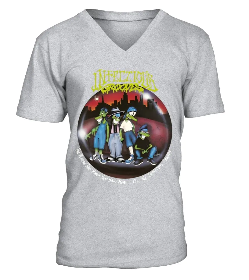 AM100  INFECTIOUS GROOVES  THE PLAGUE THAT MAKES YOUR BOOTY MOVE... IT'S THE INFECTIOUS GROOVES BK CAMISETA CUELLO EN V U