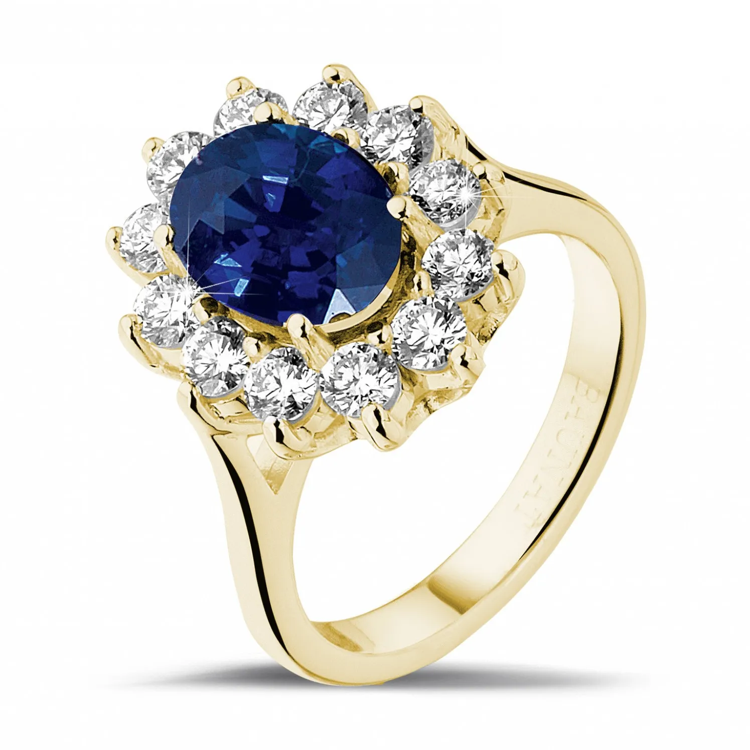 Anillo « entourage » en oro amarillo con zafiro ovalado y diamantes redondos 
