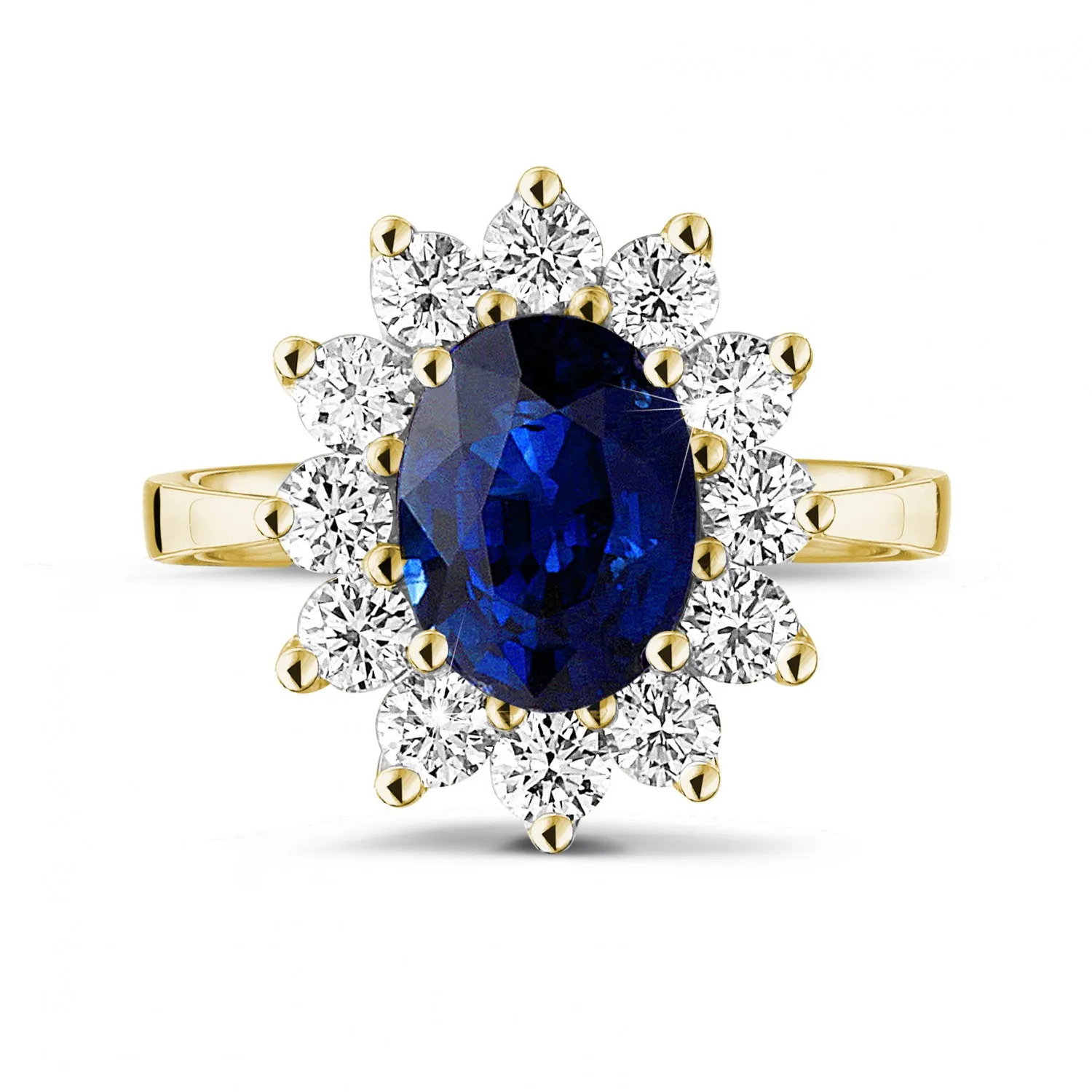 Anillo « entourage » en oro amarillo con zafiro ovalado y diamantes redondos 