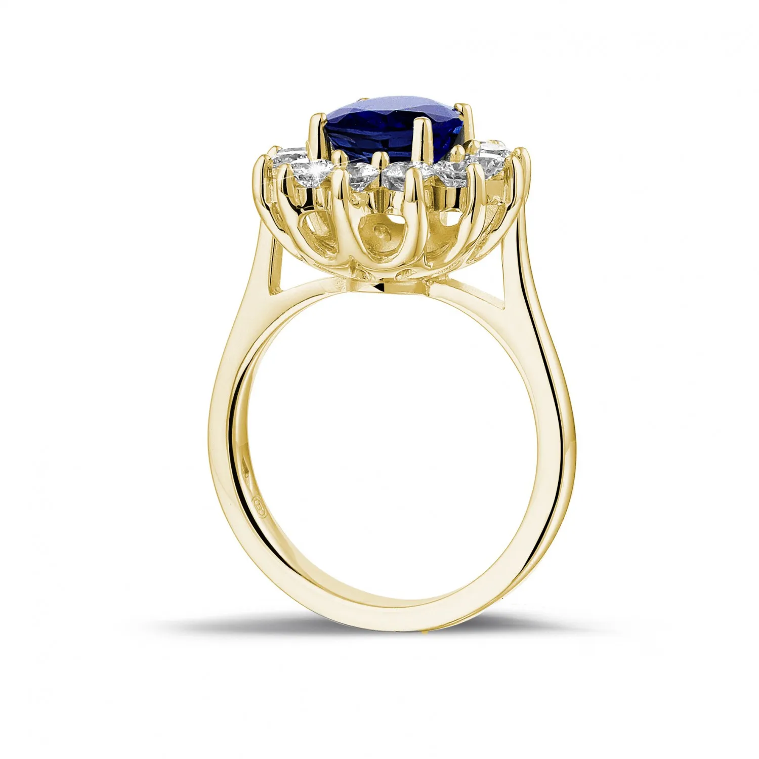 Anillo « entourage » en oro amarillo con zafiro ovalado y diamantes redondos 