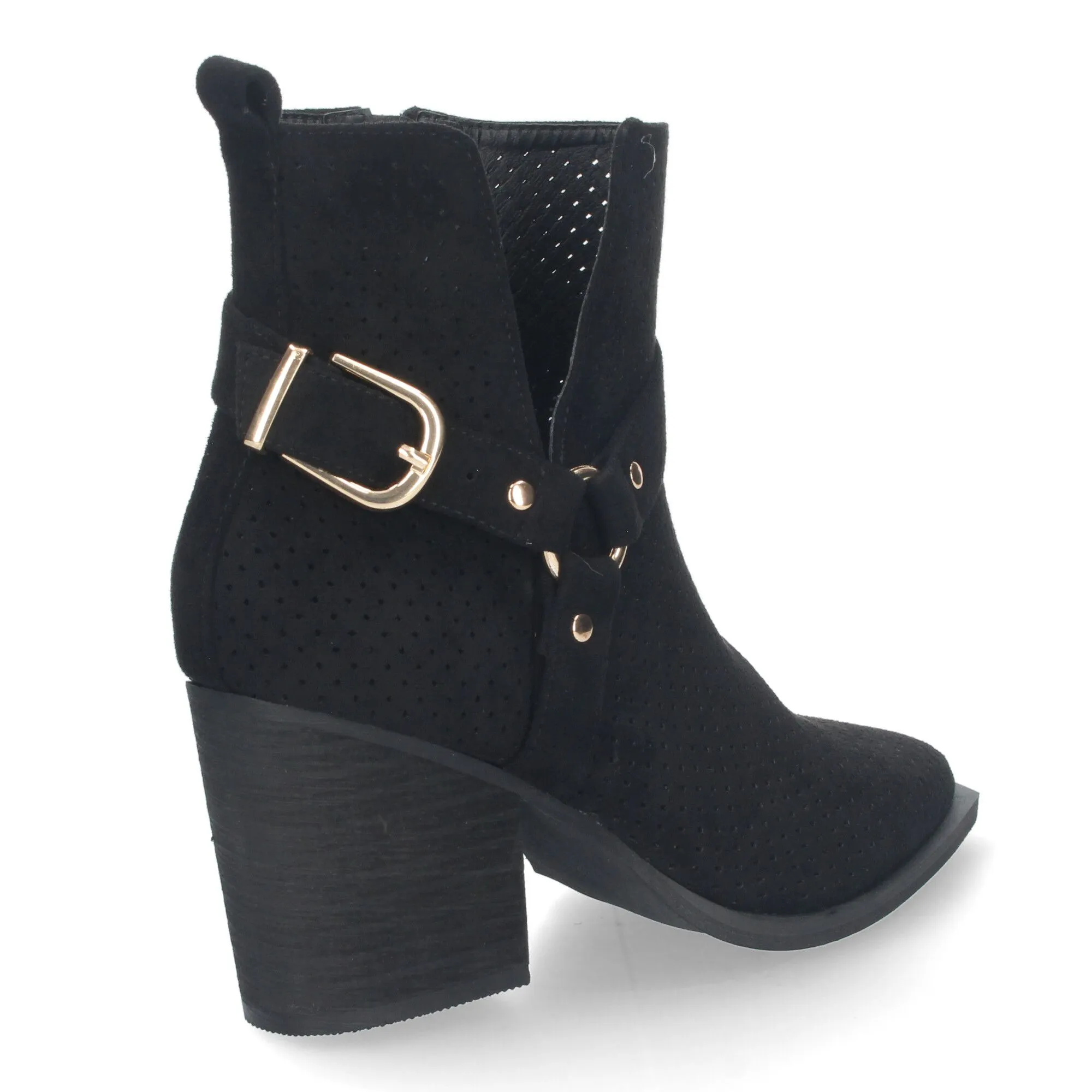 BOTINES CALADOS DE TACóN CAMPERO CóMODO MUJER NEGRO A3017