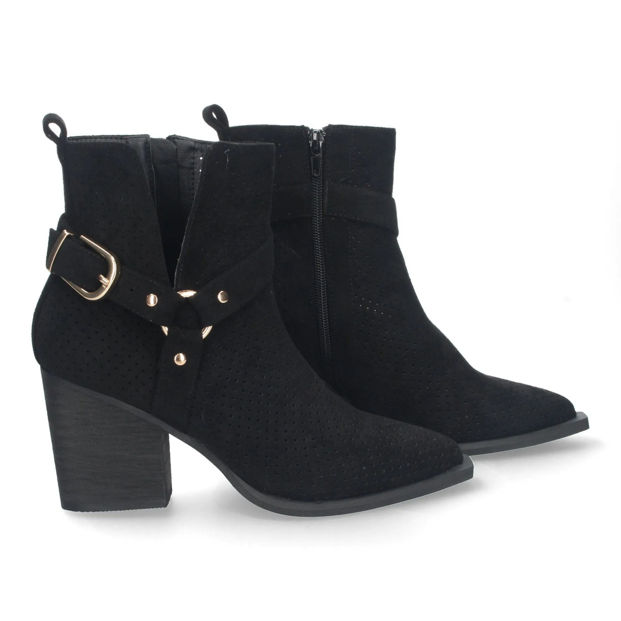 BOTINES CALADOS DE TACóN CAMPERO CóMODO MUJER NEGRO A3017