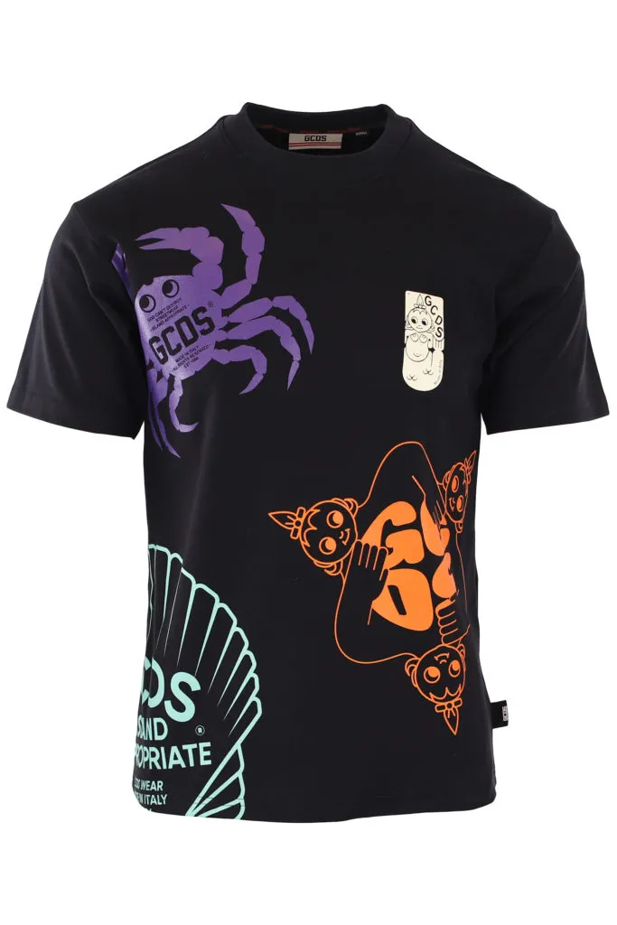 Camiseta negra con estampado de concha multicolor