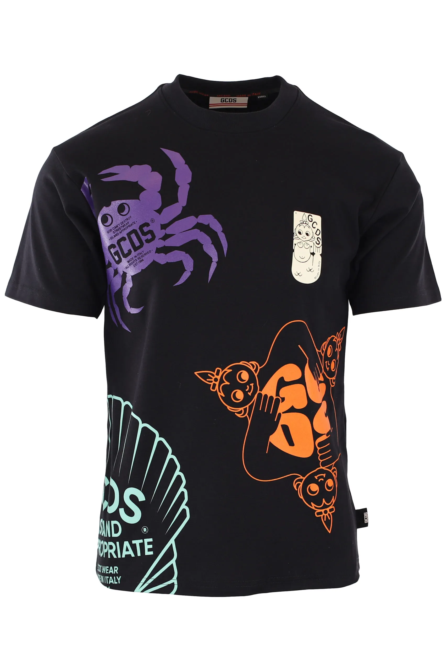 Camiseta negra con estampado de concha multicolor