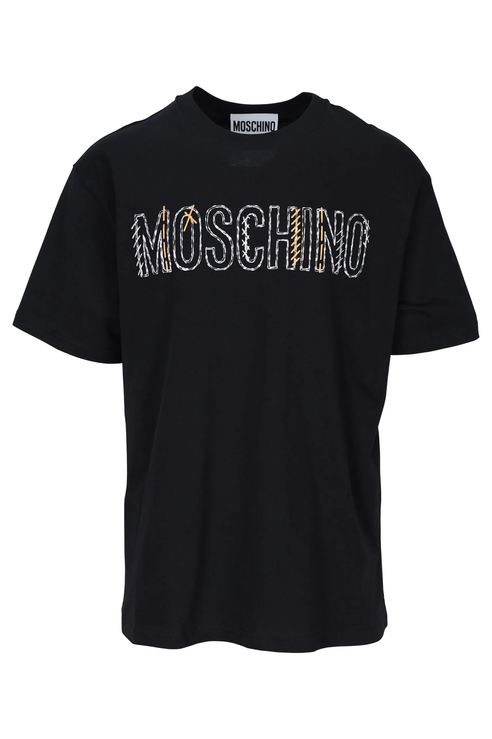 Camiseta negra con maxilogo bordado con detalles naranjas