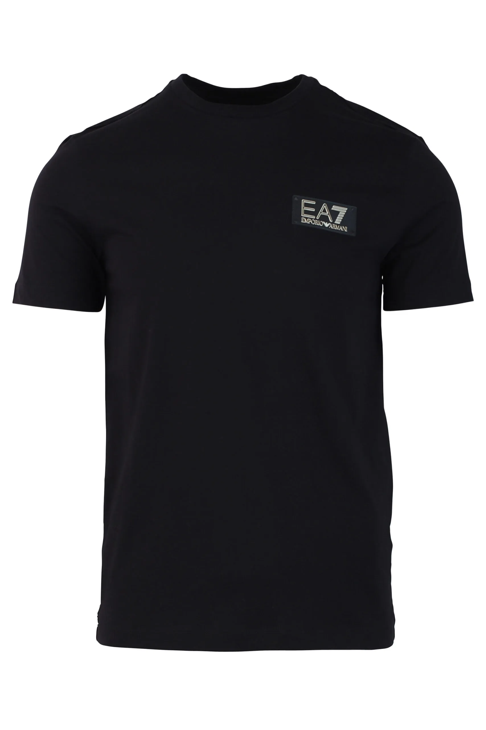 Camiseta negra con minilogo en placa dorado