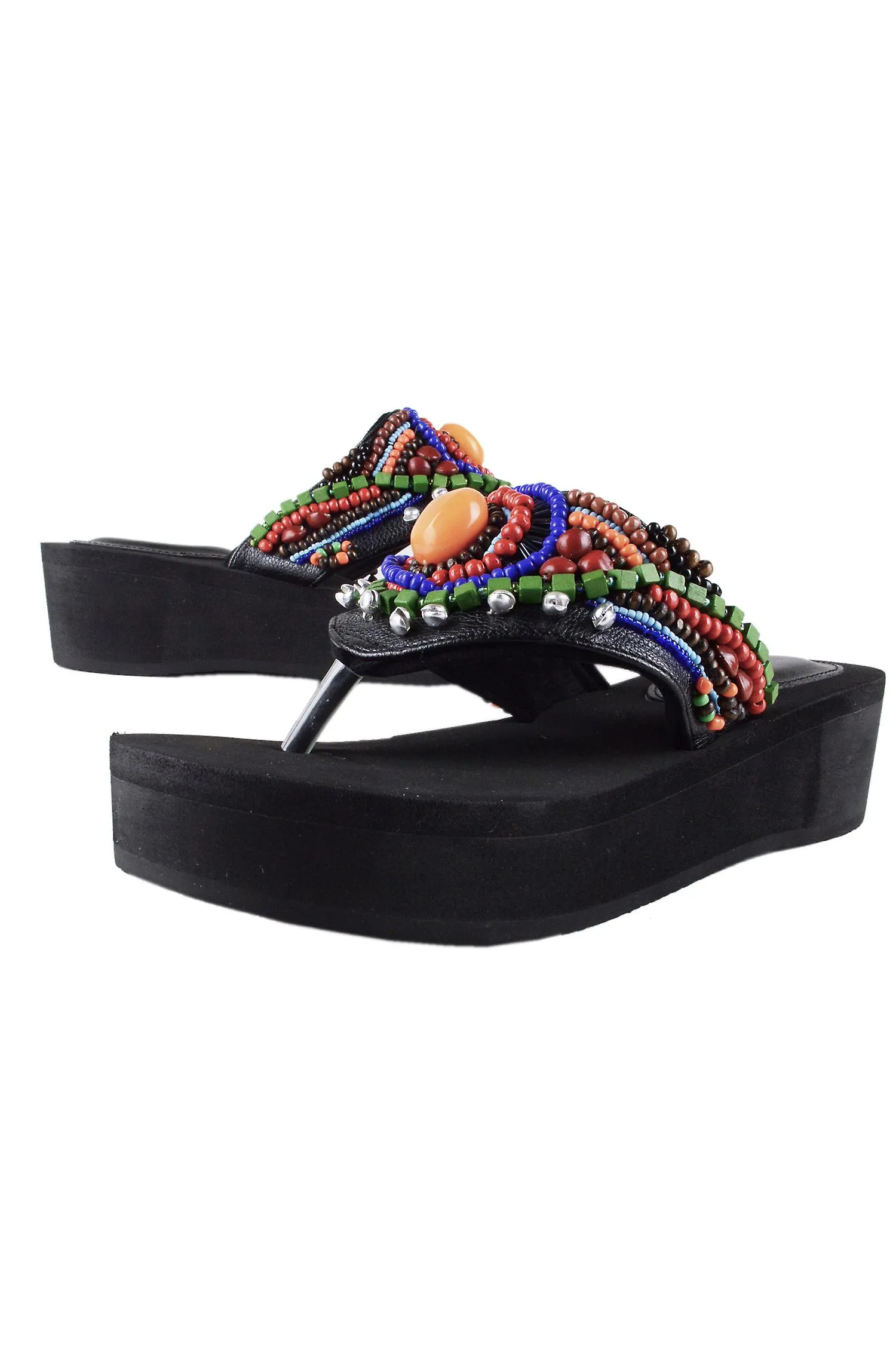 LMS negro cuña Flip Flop con pedrería multicolor