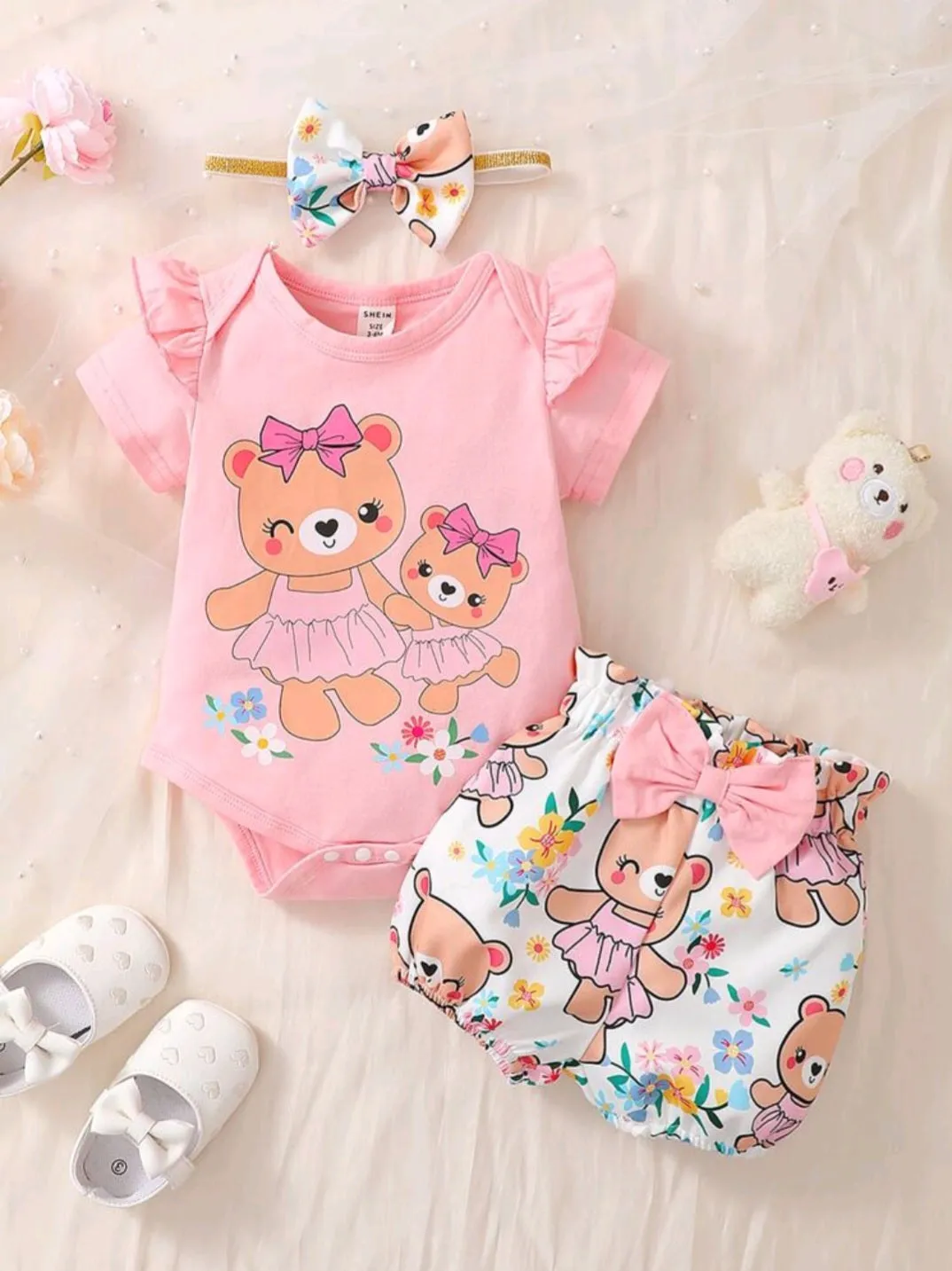 Mameluco Rosado Osito Short Floreado