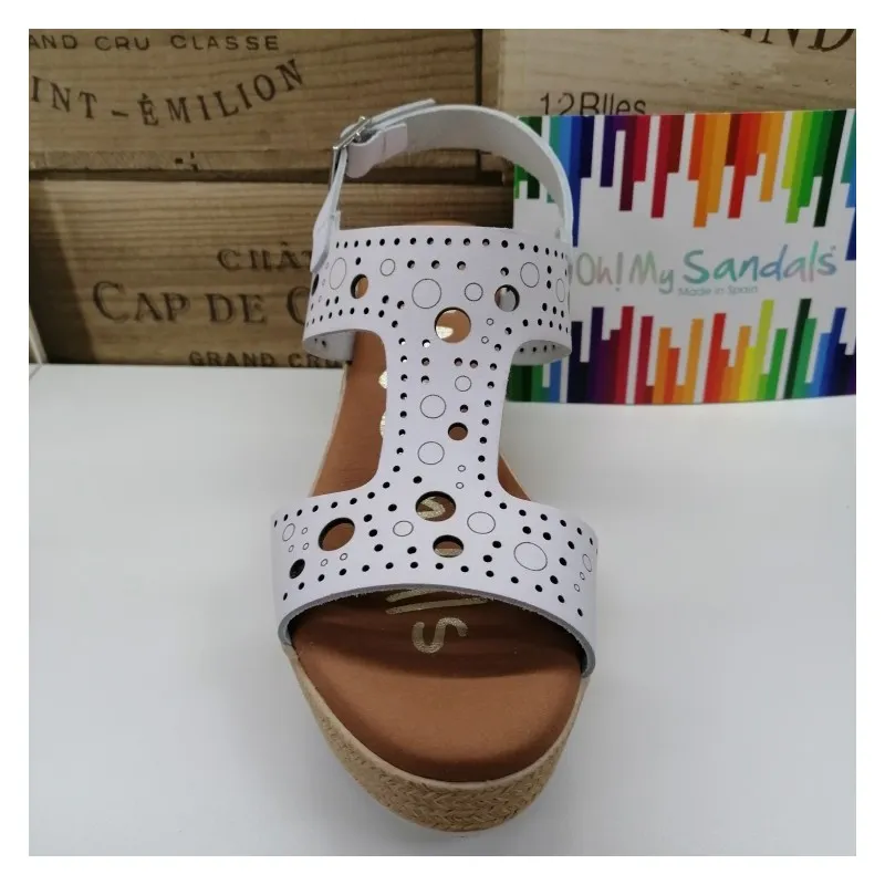 Sandalia Piel Con Cuña Circulos Blanca Oh My Sandals 4867