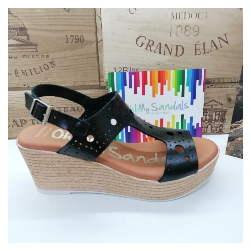 Sandalia Piel Con Cuña Circulos Negra Oh My Sandals 4867