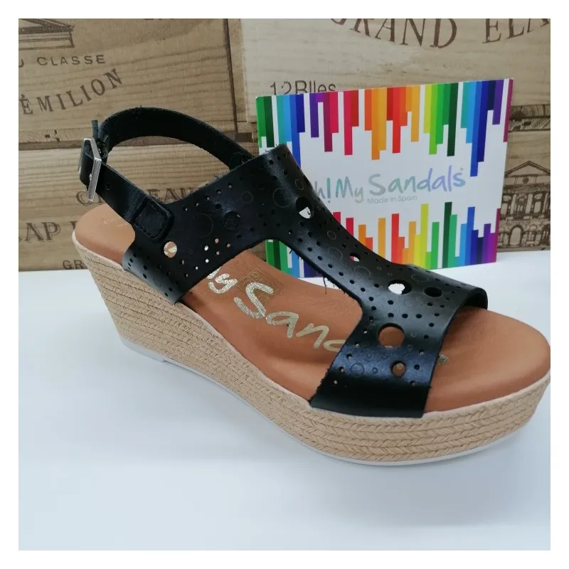 Sandalia Piel Con Cuña Circulos Negra Oh My Sandals 4867