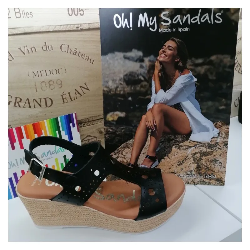 Sandalia Piel Con Cuña Circulos Negra Oh My Sandals 4867