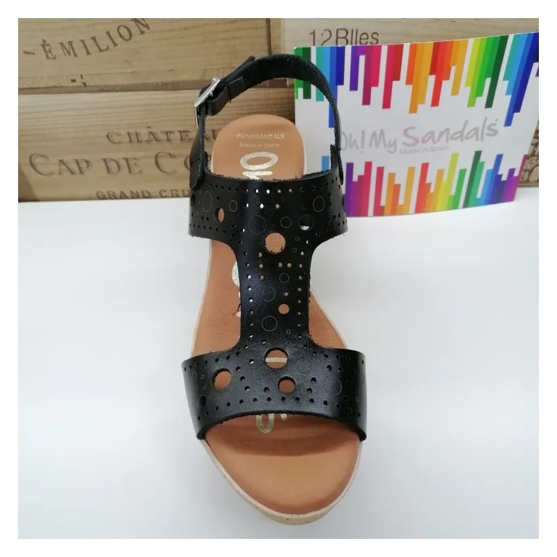 Sandalia Piel Con Cuña Circulos Negra Oh My Sandals 4867