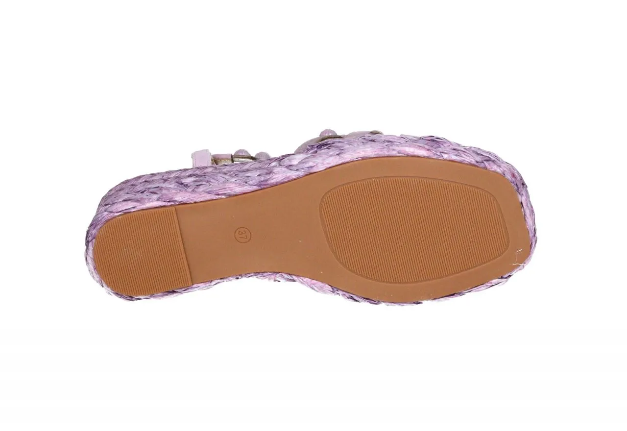 Sandalia t Nobuck Lila Tiras Tachas Redondas Cuña Esparto
