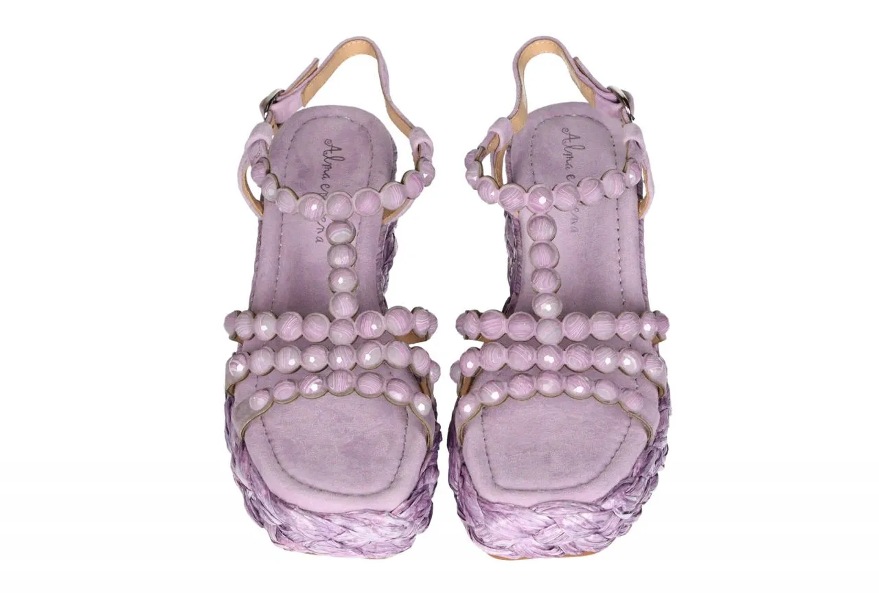 Sandalia t Nobuck Lila Tiras Tachas Redondas Cuña Esparto