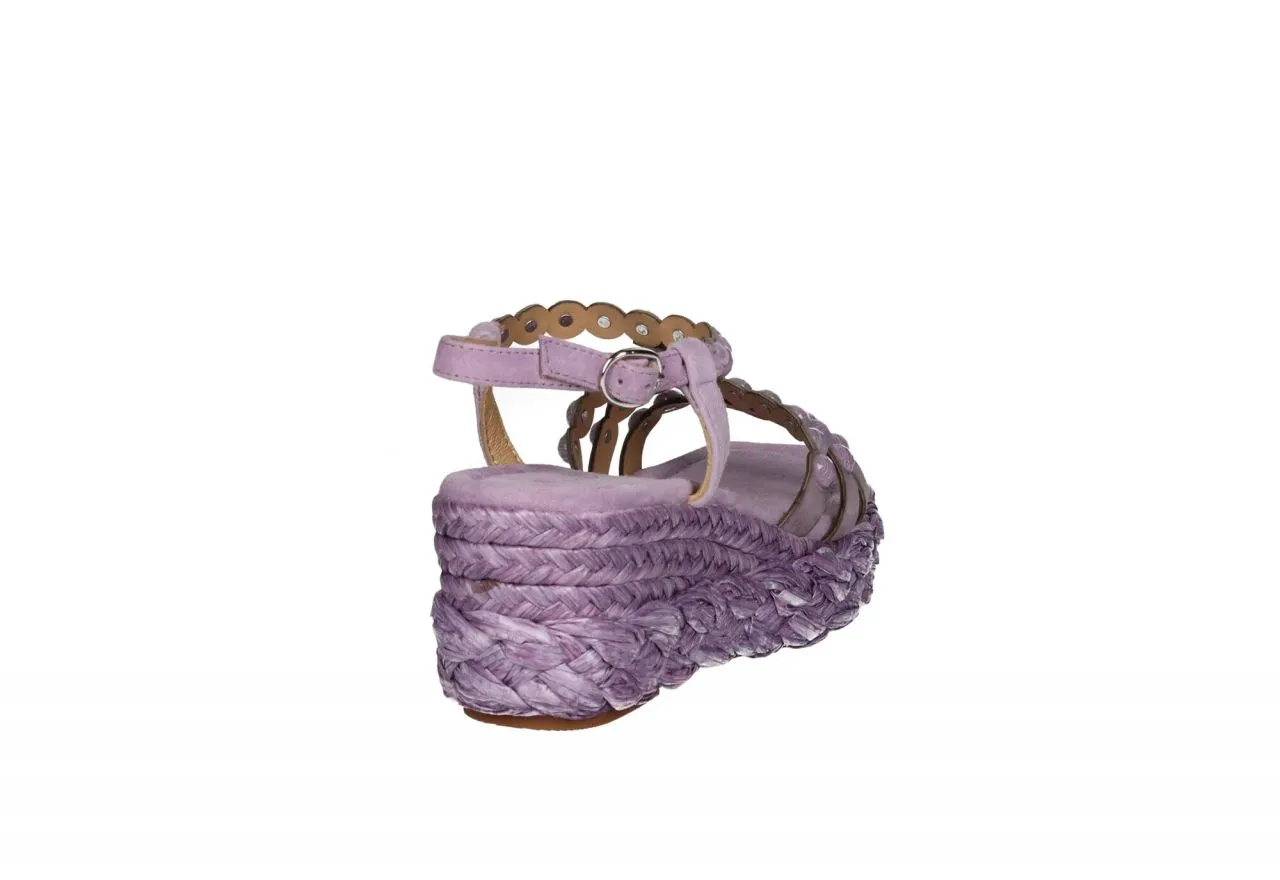 Sandalia t Nobuck Lila Tiras Tachas Redondas Cuña Esparto