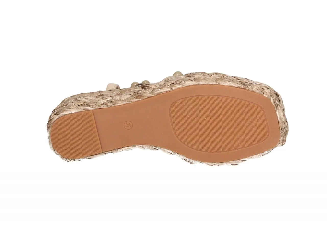 Sandalia t Nobuck Taupe Tiras Tachas Redondas CuÑa Esparto