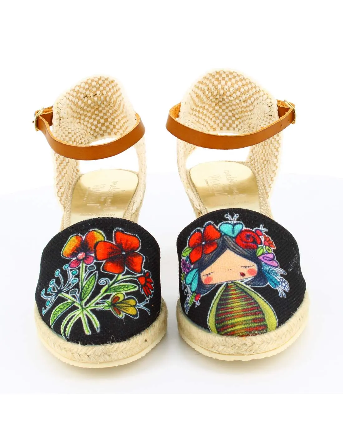 Sandalias Cuña Flores Negro