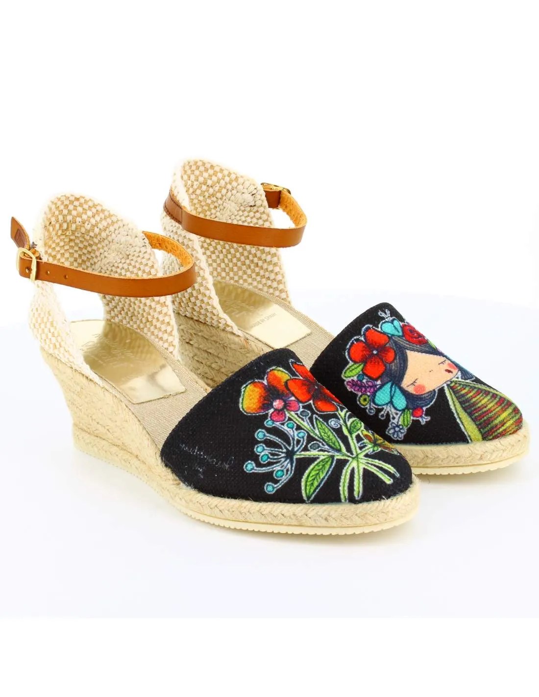 Sandalias Cuña Flores Negro
