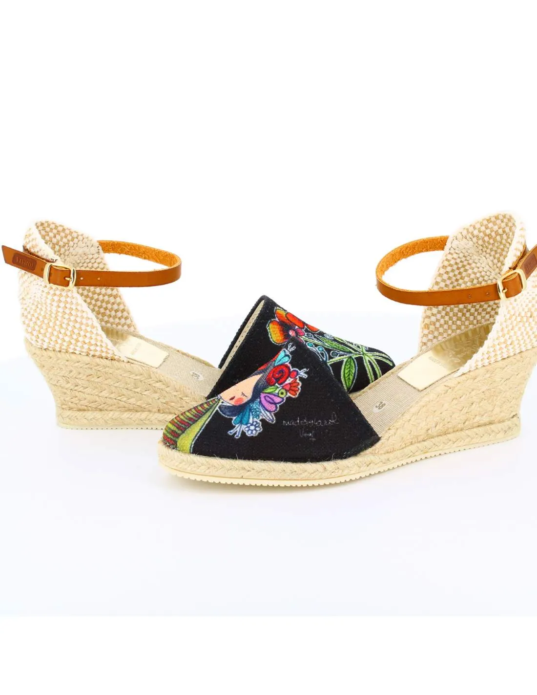 Sandalias Cuña Flores Negro
