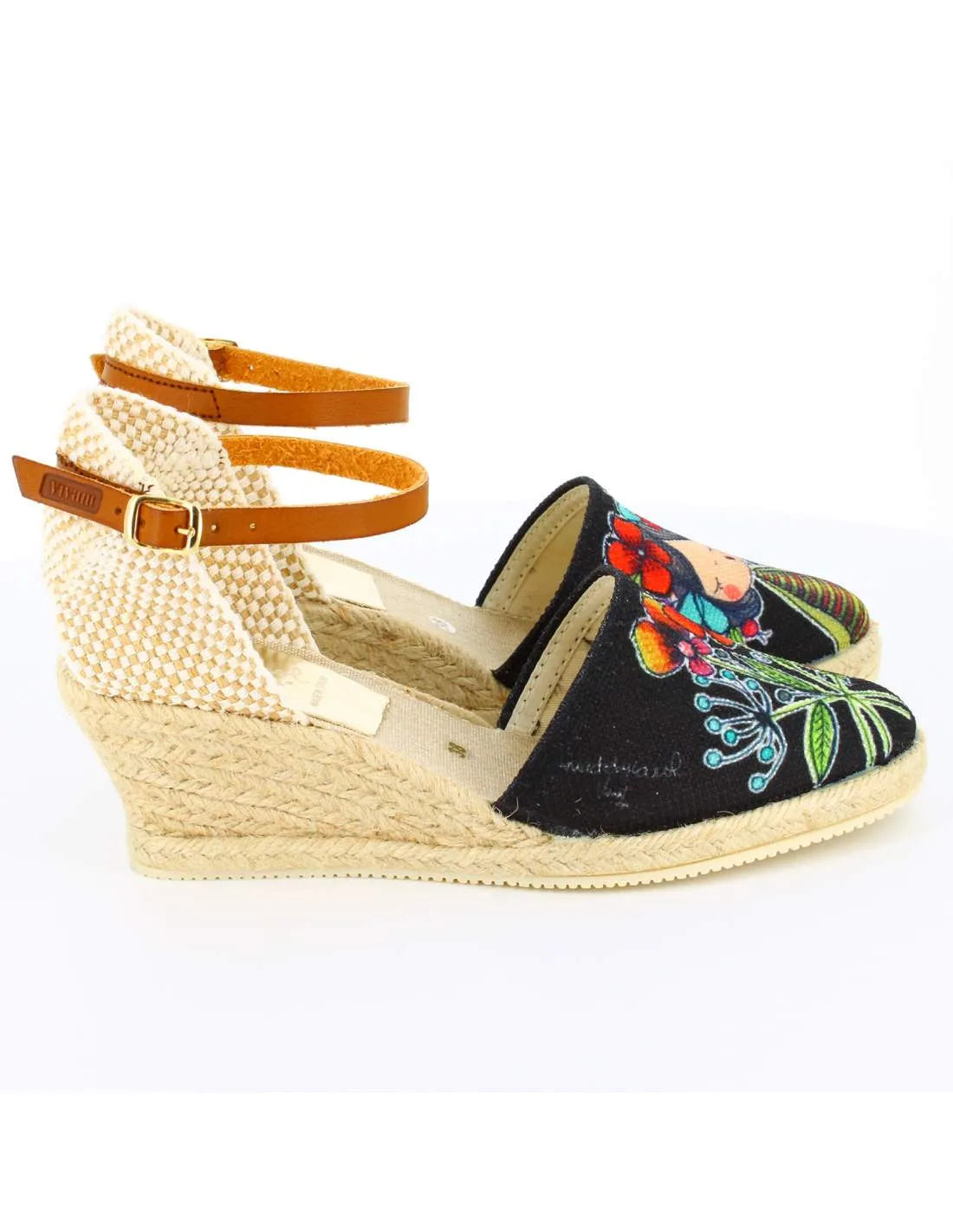 Sandalias Cuña Flores Negro