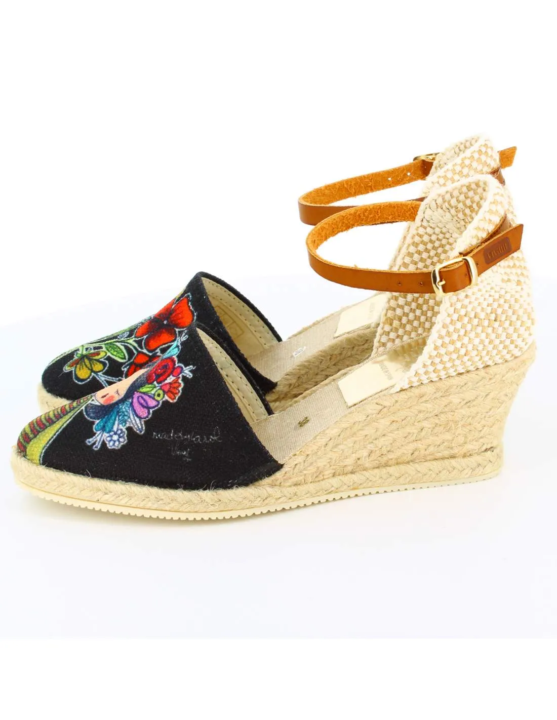 Sandalias Cuña Flores Negro