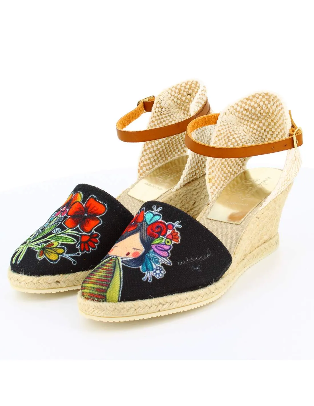 Sandalias Cuña Flores Negro