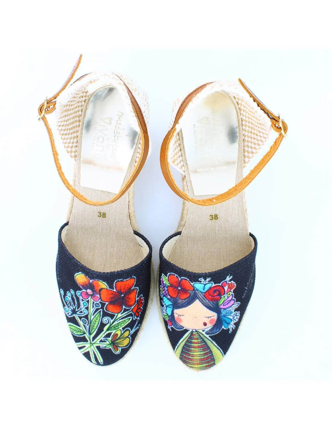 Sandalias Cuña Flores Negro